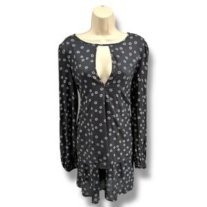Free People Black Floral Long‎ Sleeve Swing Mini Dress Size S Boho